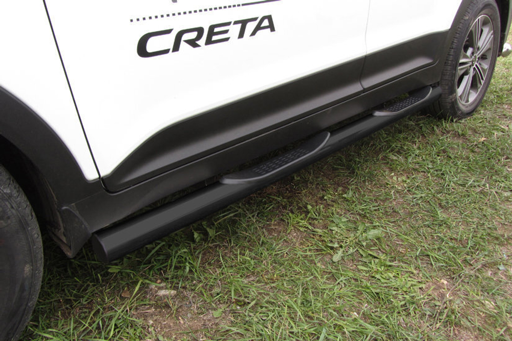 Пороги стальные Hyundai Creta 4WD (2016-2021) d76 с проступями (серебристые)