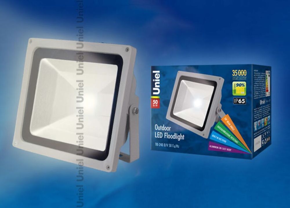 ULF-S01-50W/WW IP65 110-240В Прожектор светодиодный. Корпус серый. Цвет свечения теплый белый. Степень защиты IP65. Картонная упаковка