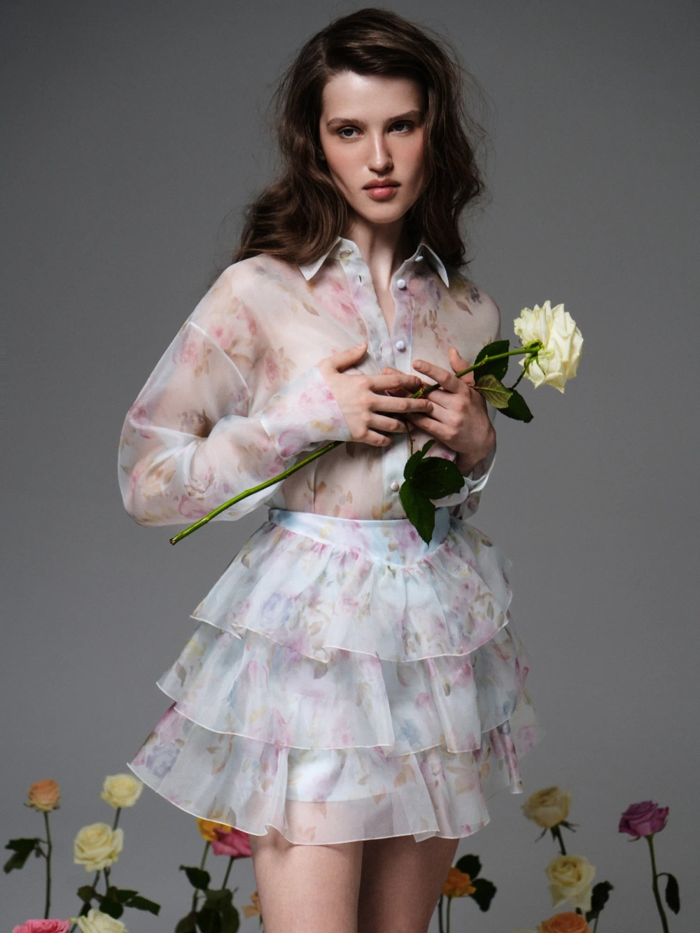 Харпер (Harper), блуза из голубой органзы с цветочным принтом