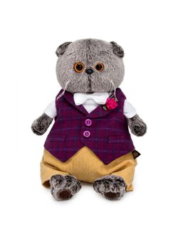 Мягкая игрушка Басик в бордовом жилете с розочкой 30см