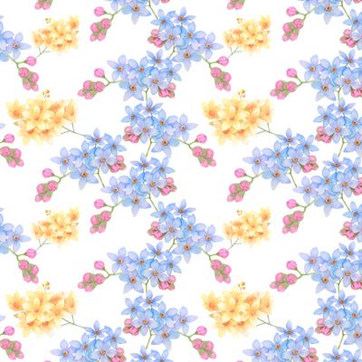 Seamless texture of blue and yellow forget-me-nots on a white background.