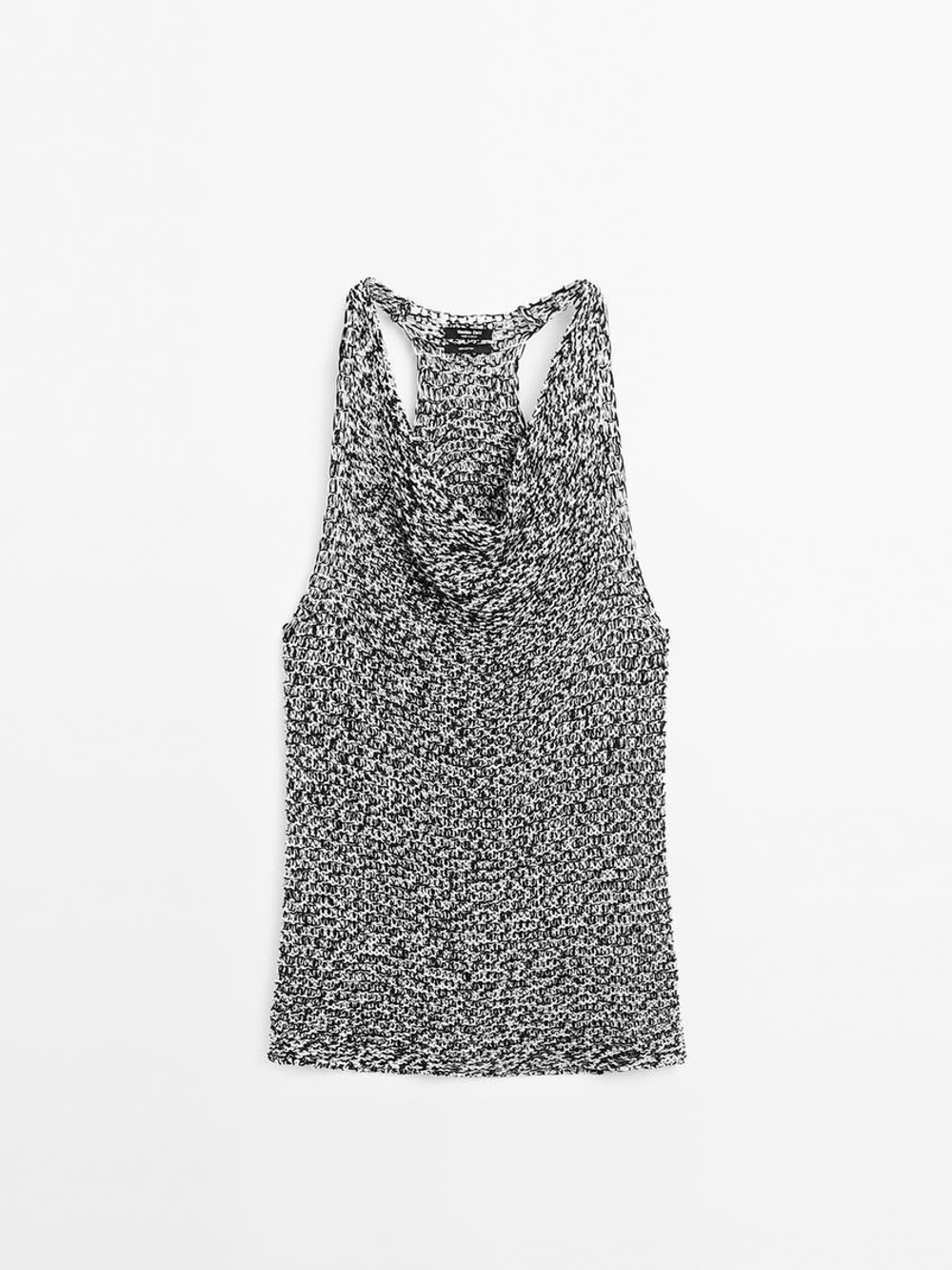 Massimo Dutti Трикотажный топ с драпировкой и меланжевым узором, натуральный, кремовый