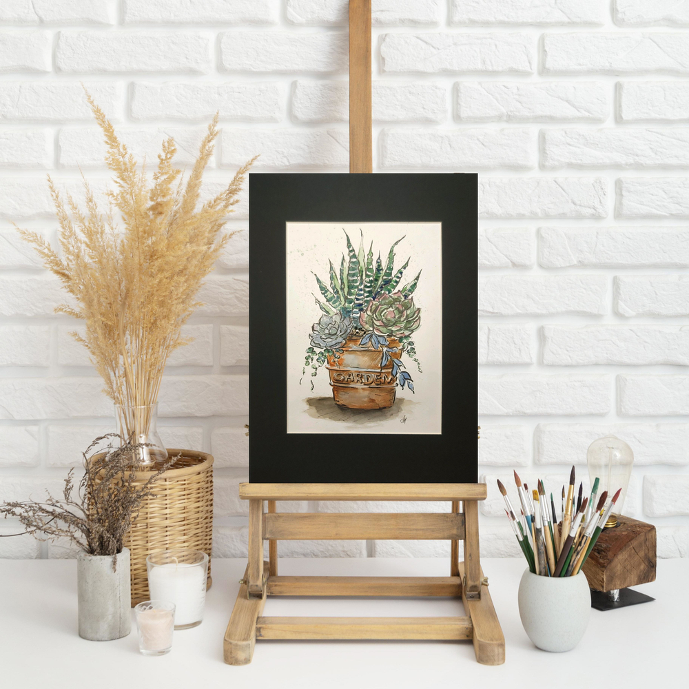 Картина авторская акварельная в паспарту 21х30 см на стену для интерьера "Суккуленты в горшке"