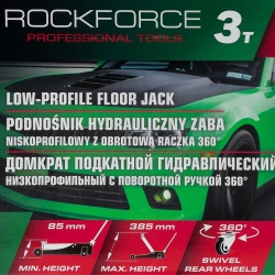 Домкрат подкатной гидравлический низкопрофильный 3т (поворотная ручка 360°,h min 85мм, h max 385мм) RockFORCE RF-TR8154