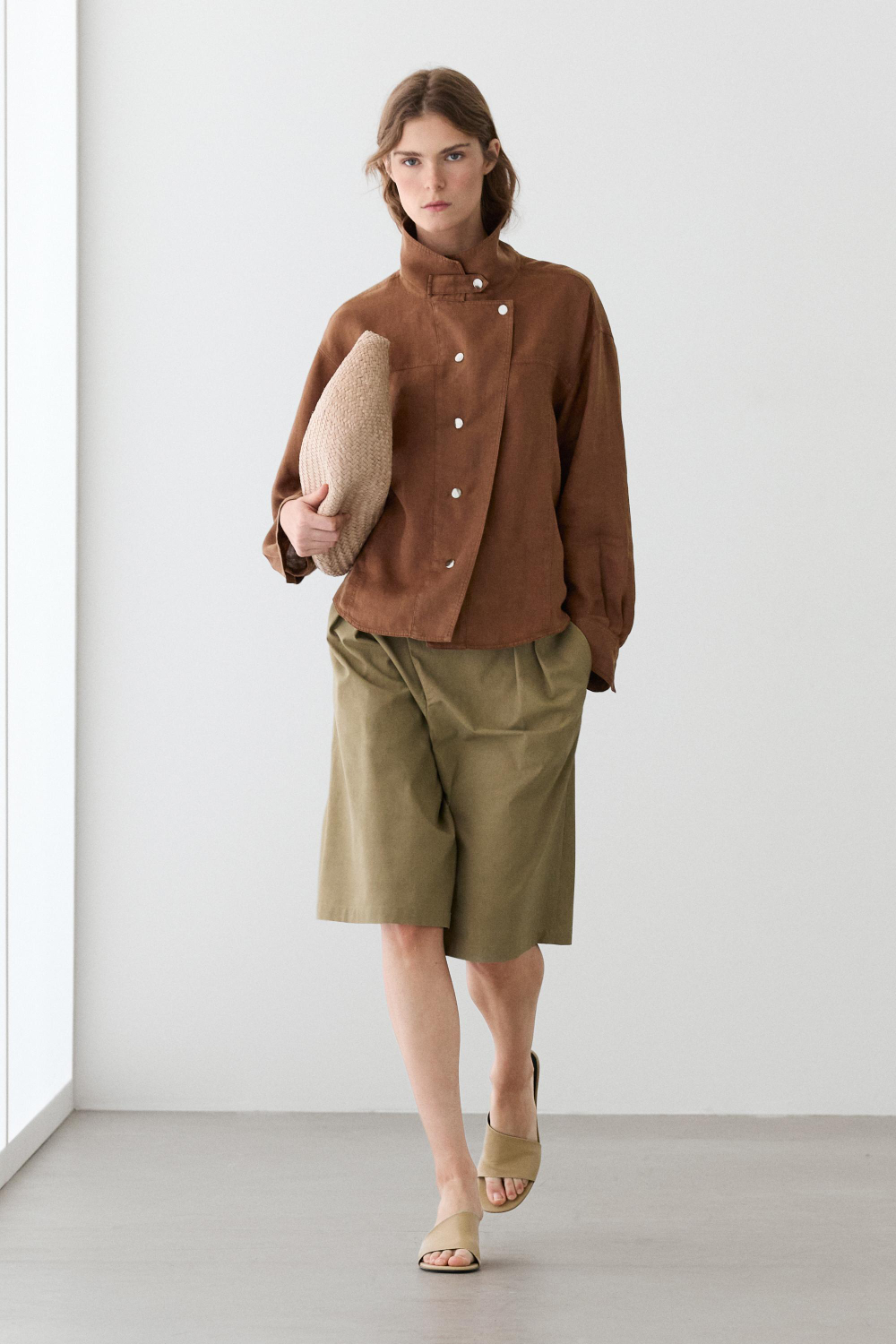 Massimo Dutti Льняная рубашка с кнопками, коричневый