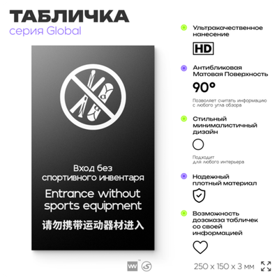 Табличка Вход со спортивным инвентарем запрещен, на дверь и стену, информационная и мультиязычная (русский, английский, китайский), серия GLOBAL, 25х15 см, Айдентика Технолоджи