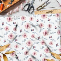 Ткань кулирная гладь нежные цветы с веточками