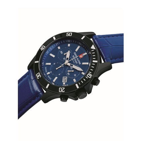 С ремешком Мужские наручные часы с синим кожаным ремешком Swiss Alpine Military 7022.9575 chronograph 42mm 10ATM