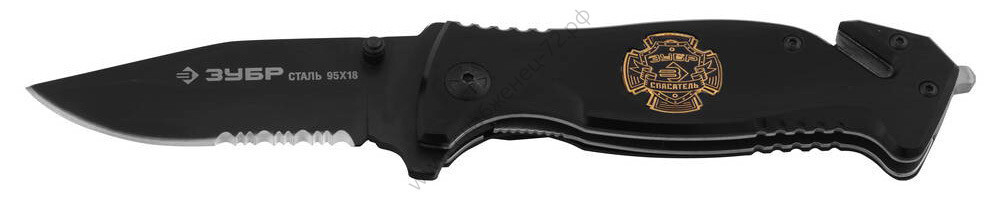 ЗУБР Спасатель 200 мм, лезвие 90 мм, серрейторная заточка, наконечник для стекол, складной нож (47707)