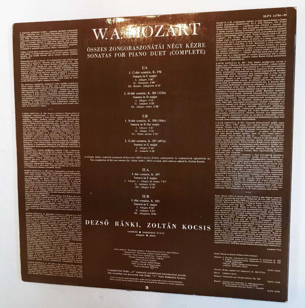 Винтажная виниловая пластинка Mozart Моцарт Sonatas For Piano Duet Сонаты для фортепиано 2LP (Hungary 1978)
