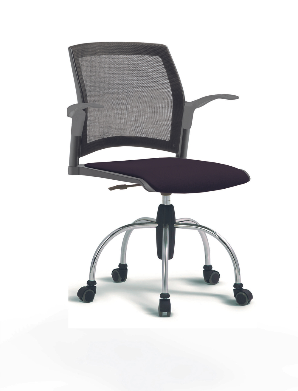 Кресло Rewind каркас хромированный, пластик серый, база паук хромированная, с открытыми подлокотниками, сидение черное, спинка-сетка