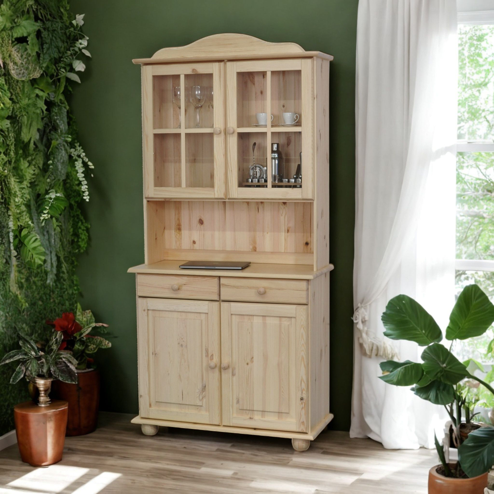 Шкаф витрина Лена двухдверный 90х39х192 см из массива сосны / буфет для кухни, прозрачный лак