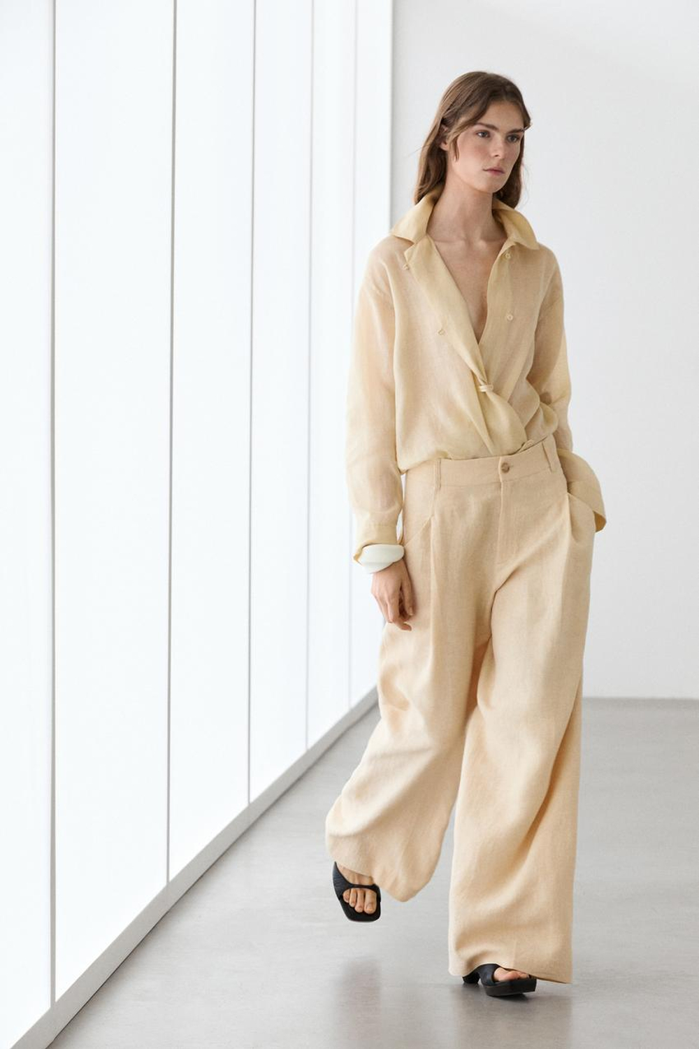 Massimo Dutti Льняные брюки с широкими штанинами и карманами, песочный