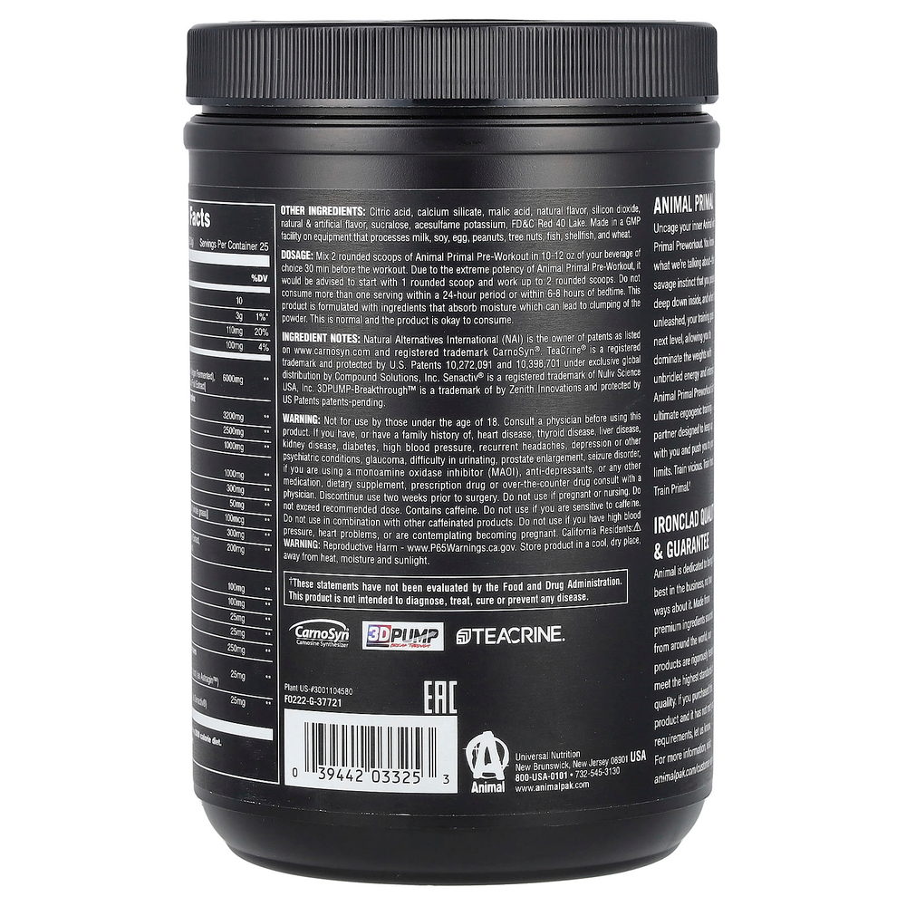 Animal, Primal предтренировочный порошок, клубника и арбуз, 507,5 г (17,9 унции)