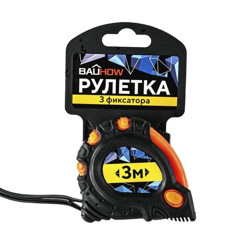 Рулетка 3 м 19 мм обрезиненный корпус, 3 фиксатора BAUHOW