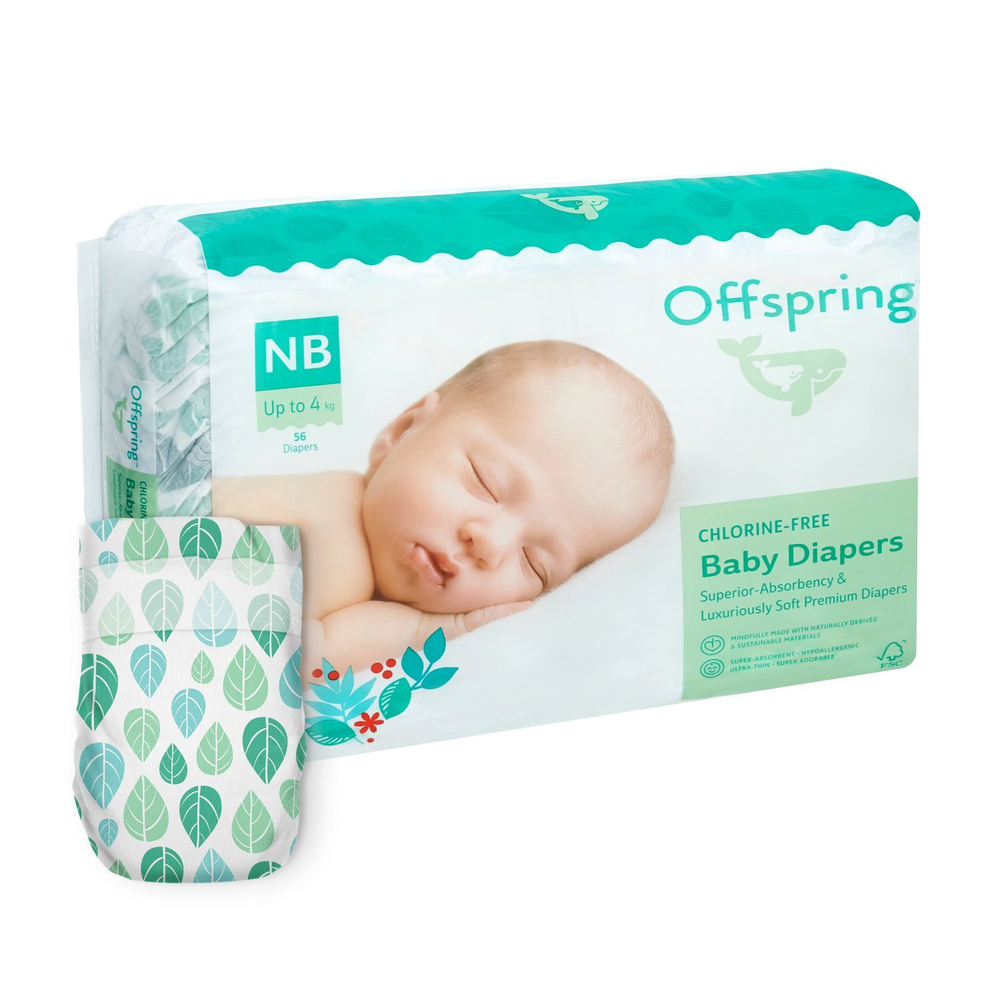 Offspring подгузники, NB 2-4 кг. 56 шт. расцветка Листочки