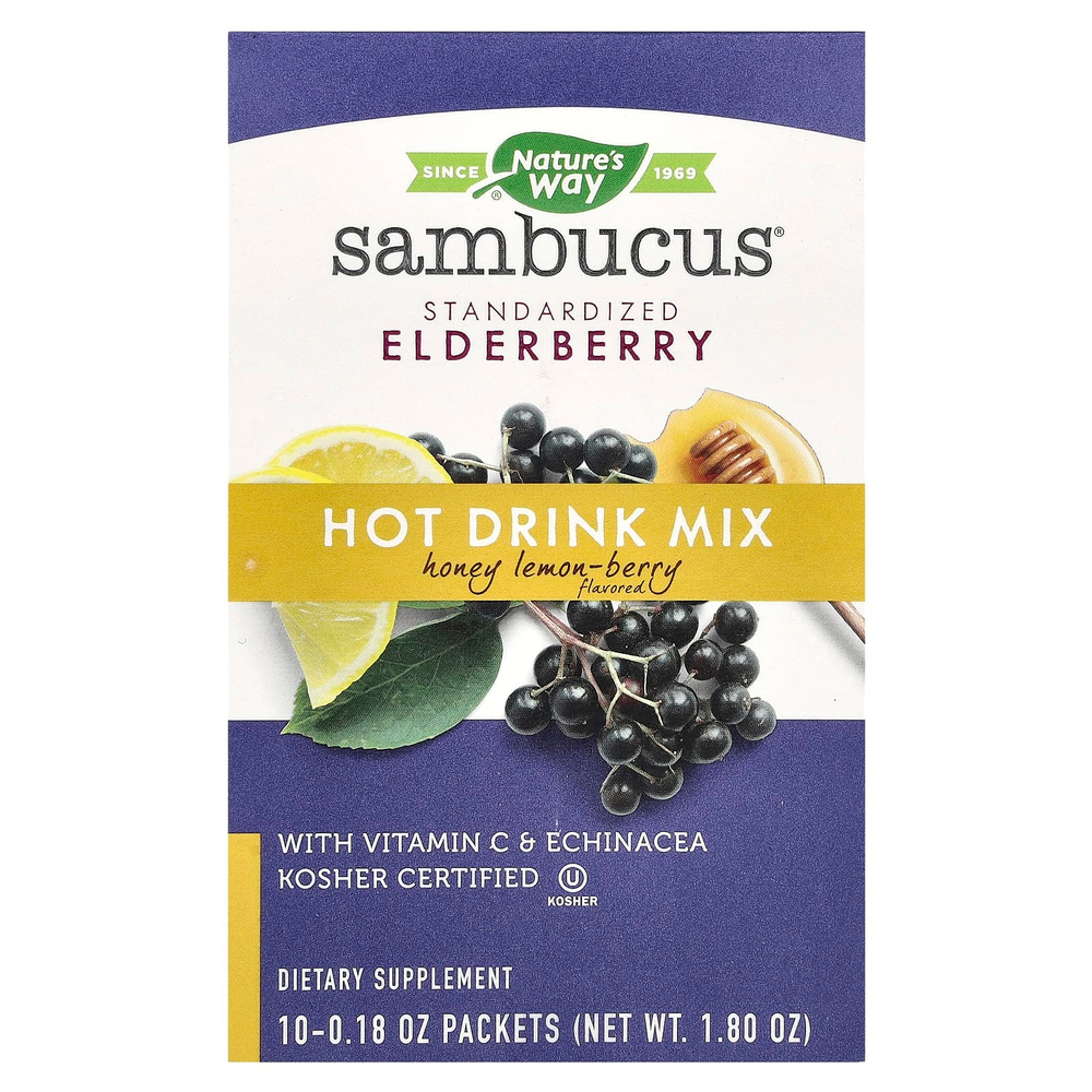 Nature's Way, Sambucus®, смесь для горячих напитков, стандартизированная бузина, мед, лимон и ягоды, 10 пакетиков по 0,18 унции
