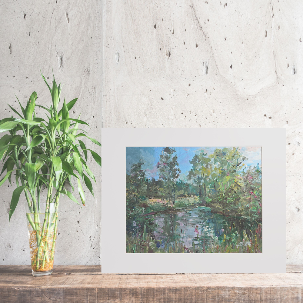 Картина авторская маслом на холсте в паспарту 30х40 см на стену для интерьера "Лесное озеро"