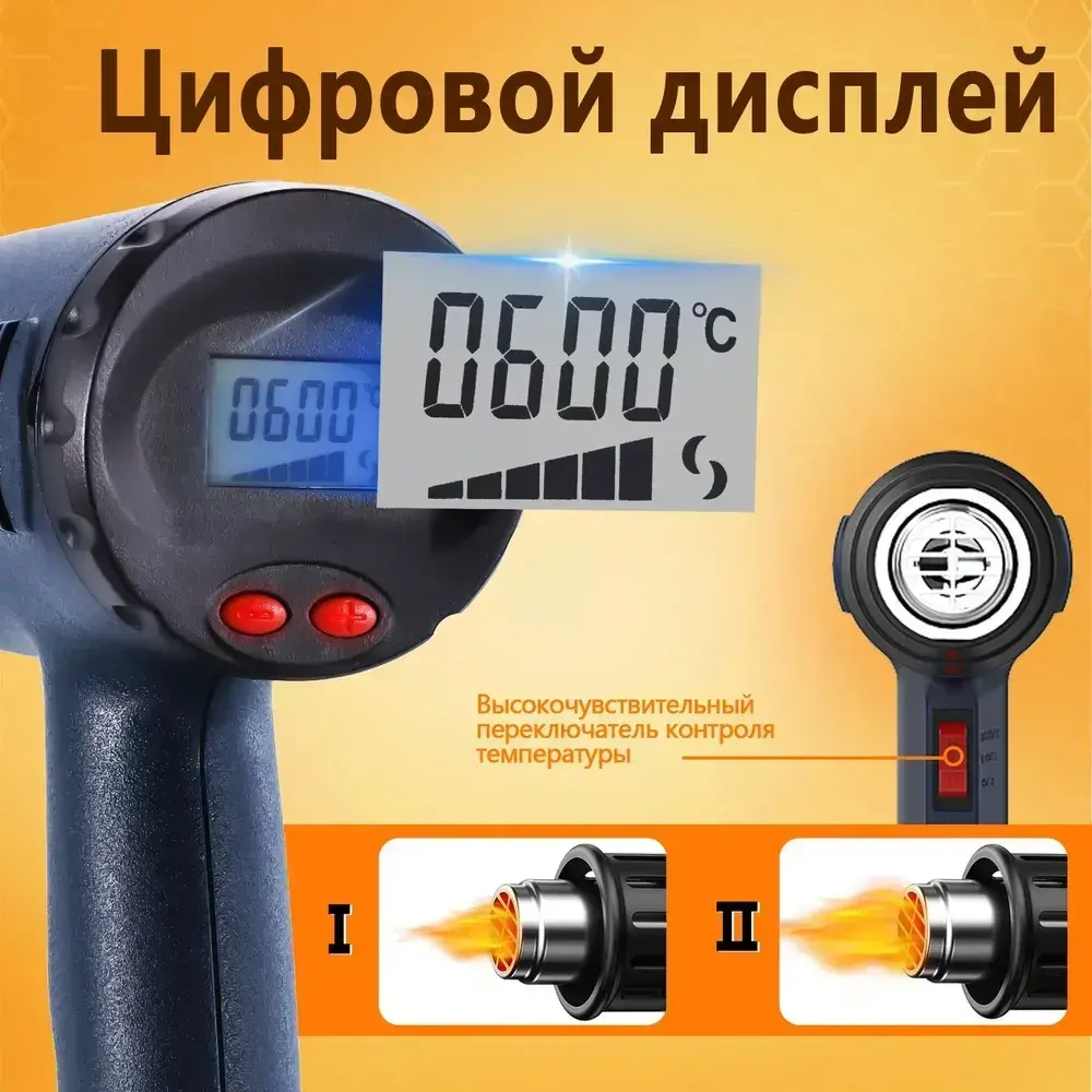 Строительный фен / Промышленный фен / Бесступенчатый термостат /2000 Вт/Ручная регулировка, 4 насадки с дисплеем(2 кВт, 250-500 л/мин, 60-600 градусов), профиссиональная серия