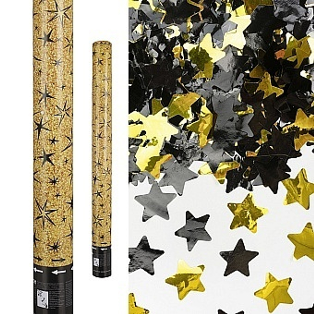 Пневмохлопушка (24/60 см), Звездные искры, Звезды фольга, Золото/Черный