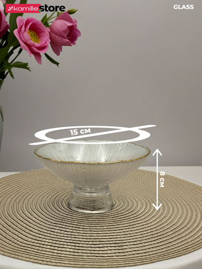 Блюдо 15х8 см. стеклянное на ножке, с золотой обводкой