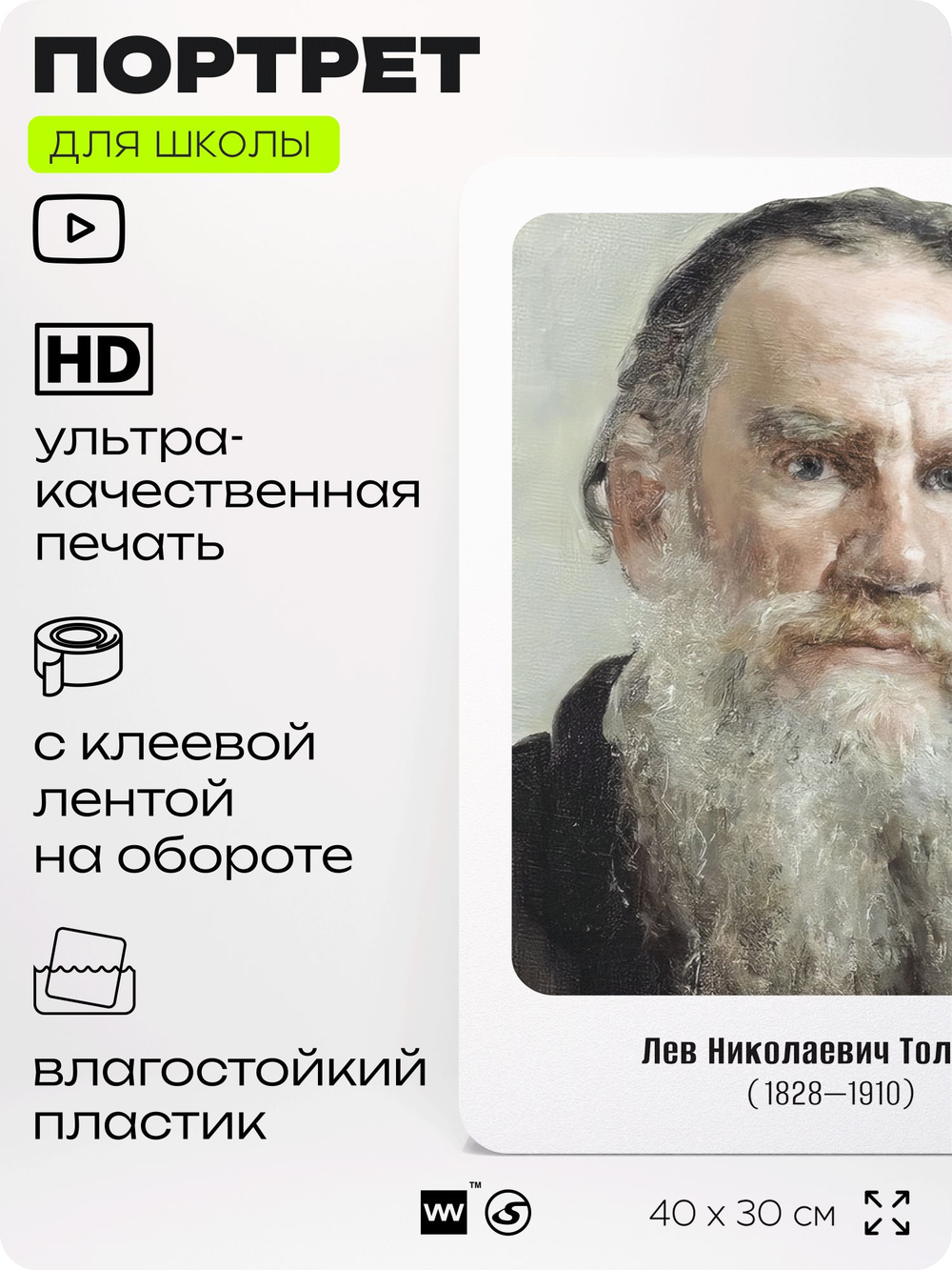 Портрет для школы в кабинет литературы и русского языка "Толстой Лев Николаевич", стенд школьный для класса, для оформления классного уголка, 40х30 см, Silver Plane x Айдентика Технолоджи