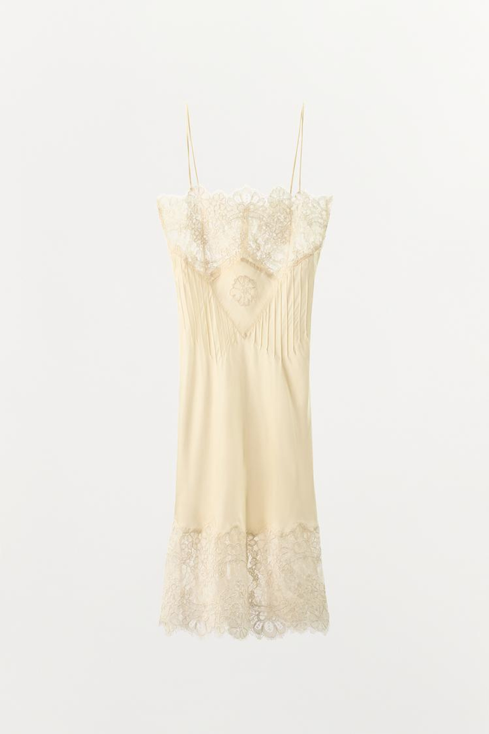 ZARA АТЛАСНОЕ ПЛАТЬЕ-КОМБИНАЦИЯ С КРУЖЕВОМ, ЭКРЮ