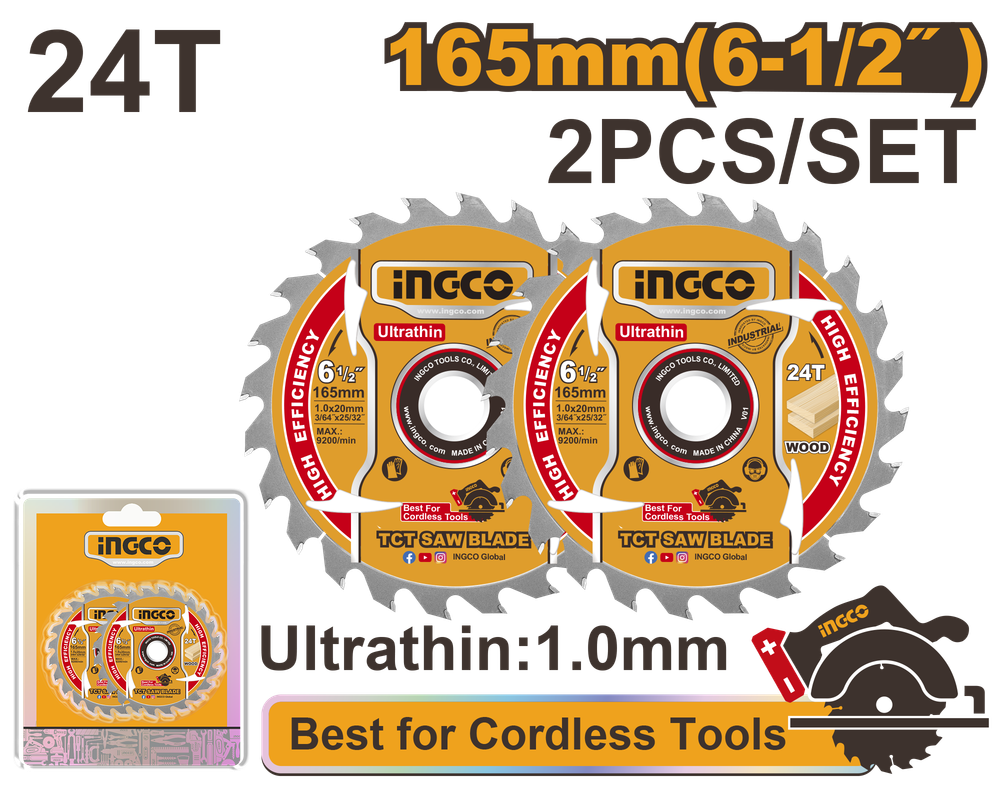 Диск пильный по дереву ультратонкий TCT INGCO TSB1653 INDUSTRIAL 165х20х1 мм 24Т 2 шт.
