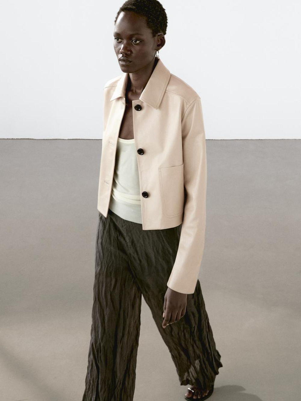 Massimo Dutti Укороченная куртка из кожи наппа, бежевый