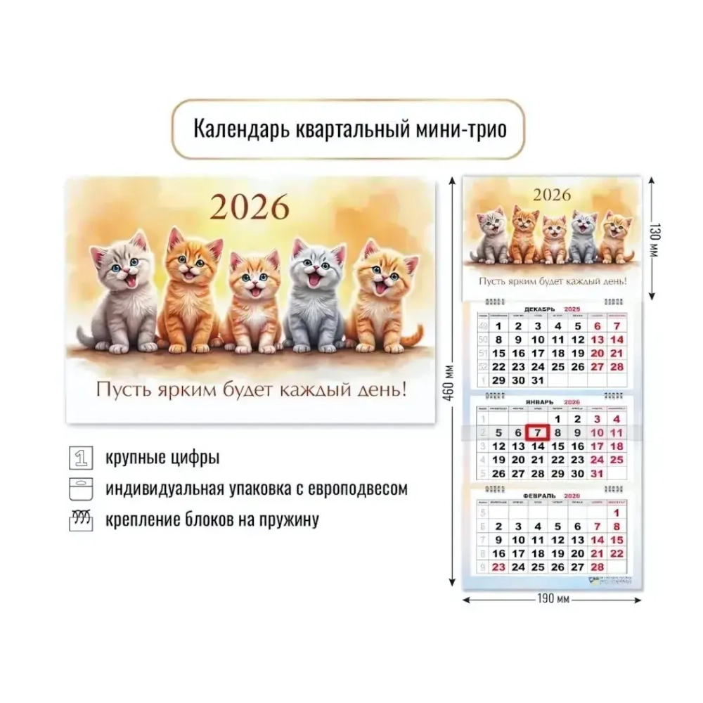 Календарь мини-трио 2026 котики