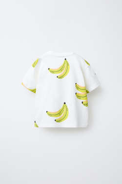 ZARA ФУТБОЛКА С ПРИНТОМ «БАНАНЫ», ЖЕЛТОВАТО-БЕЛЫЙ
