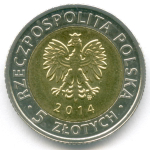 5 злотых 2014 год. Польша. Королевский замок в Варшаве. Биметалл UNC