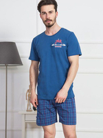Мужской домашний комплект с синими клетчатыми шортами (Размер: XL) (Цвет: темно-синий)