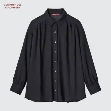 UNIQLO ХЛОПЧАТОБУМАЖНАЯ ПРОЗРАЧНАЯ РУБАШКА С ДЛИННЫМИ РУКАВАМИ В СКЛАДКУ, ЧЕРНЫЙ