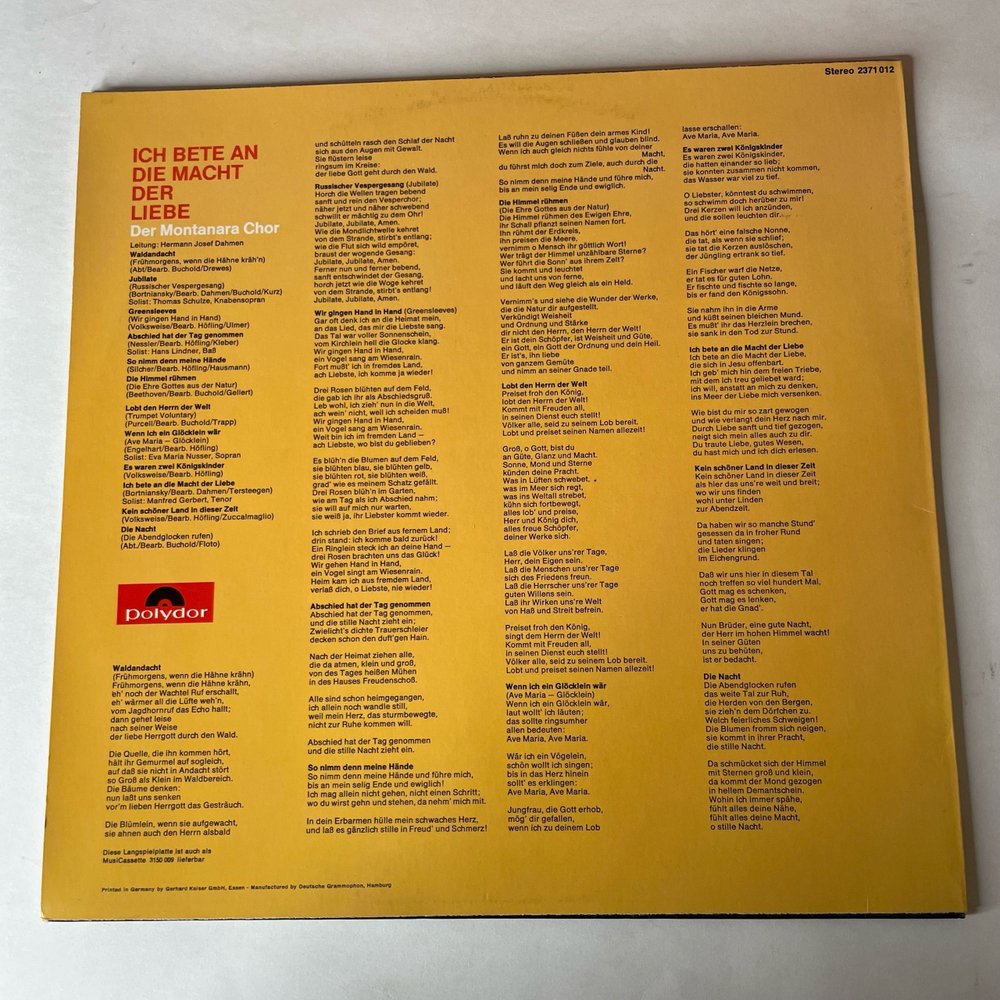 Винтажная виниловая пластинка LP Der Montanara Chor, Ich Bete An Die Macht Der Liebe, Я Молюсь Силе Любви (Германия 1970)