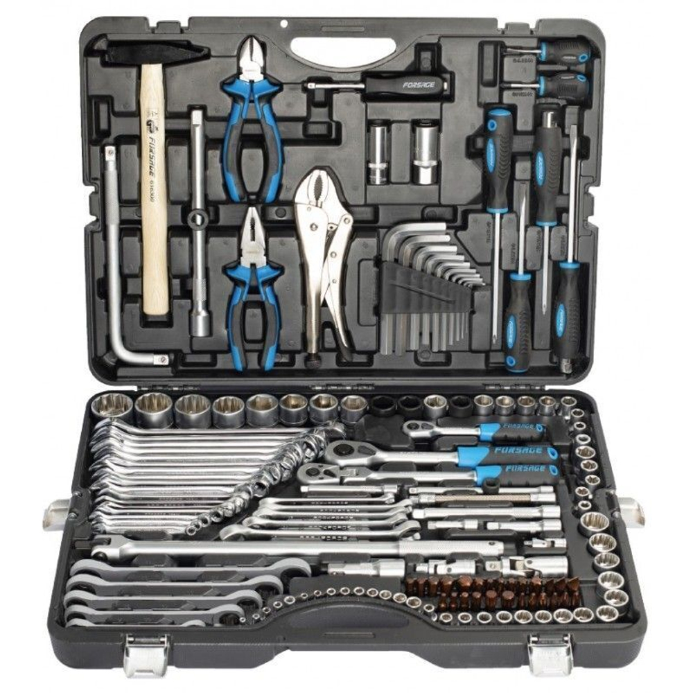 Набор инструментов 142+6пр. 1/4''3/8''1/2''(6-гран.)(4-36мм, 27,30,32,36-12гр.)+(ключи трещоточные:8х10,12х13,14х15,16х17,18х19мм, бокорезы-7'') Forsage F-41421-5 Premium