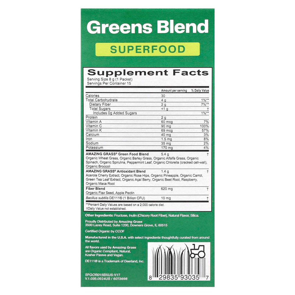 Amazing Grass, Greens Blend, SuperFood, The Original, 15 отдельных пакетиков по 8 г (0,28 унции)