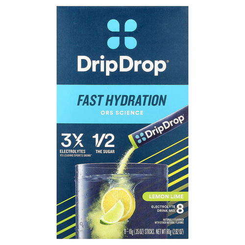 DripDrop, Electrolyte Drink Mix, Lemon Lime, 8 Sticks, 0.35 oz (10 g) Each