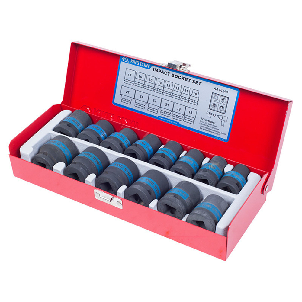 KING TONY (4414MP) Набор ударных торцевых головок 1/2", 6-гранные, 10-27 мм, 14 предметов