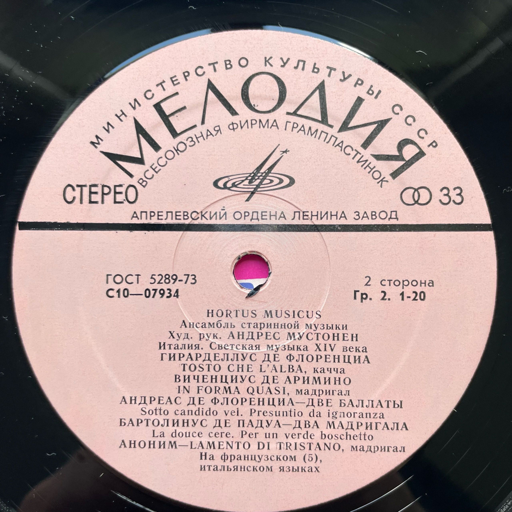 Винтажная виниловая пластинка LP Hortus Musicus. Ансамбль Старинной Музыки, Италия. Светская Музыка XIX Века (СССР 1976)