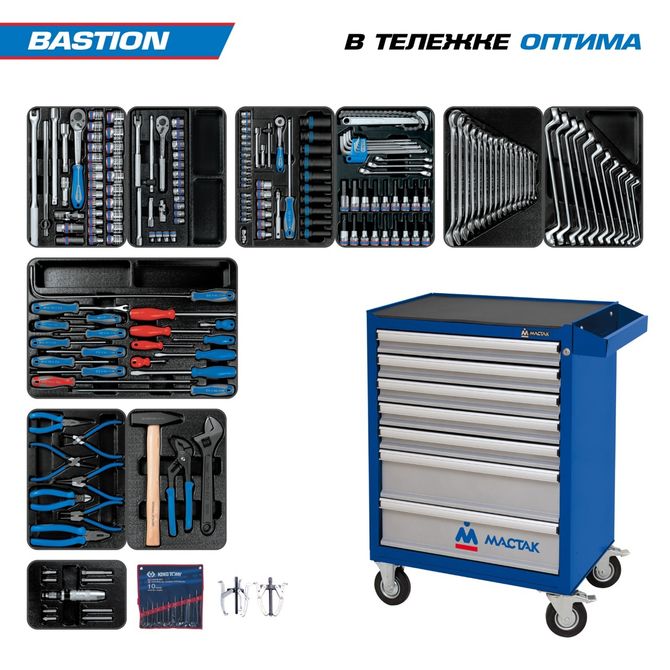 KING TONY (934-100AMB01) Набор инструментов 204 предмета, "BASTION", в синей тележке