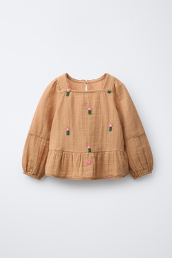 ZARA БЛУЗКА С ТЕКСТУРНОЙ ВЫШИВКОЙ В ВИДЕ ЦВЕТОВ, КАРАМЕЛЬНЫЙ