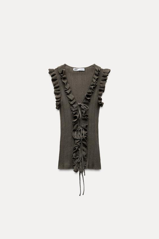 ZARA ТРИКОТАЖНЫЙ ТОП С ВОЛАНАМИ И ЗАВЯЗКАМИ, СЕРО-КОРИЧНЕВЫЙ