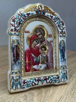 Св. Семейство, икона арочная с рамкой под стеклом, белое дерево,эмаль 266х335