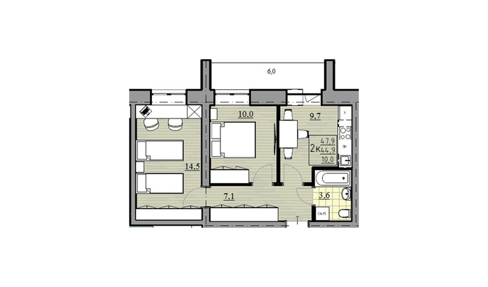 2-комнатная квартира, 44,9 м² / Чистовая отделка