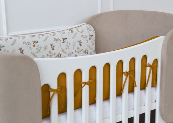 Мягкие бортики для кроватки KIDI soft "Зайчики с грибами" (горчичный, сатин)
