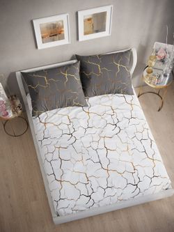Постельное белье поплин Сказка "Кракле (серый)/Кракле (белый)" евро  Наволочка 50х70 см 2 шт Простынь на резинке 180x200 см Пододеяльник 200x215 см