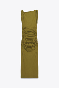 ZARA ПЛАТЬЕ ИЗ ПОЛИАМИДА С РАКУШКОЙ, ОЛИВКОВЫЙ