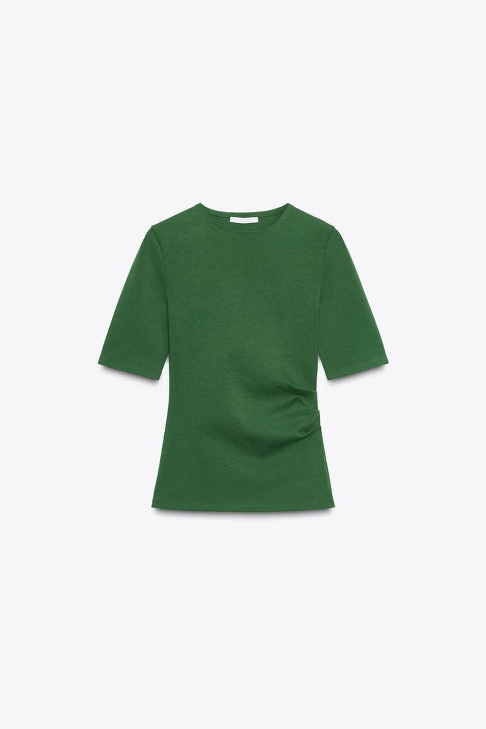 ZARA ФУТБОЛКА ИНТЕРЛОК СО СБОРКАМИ, ЗЕЛЕНЫЙ