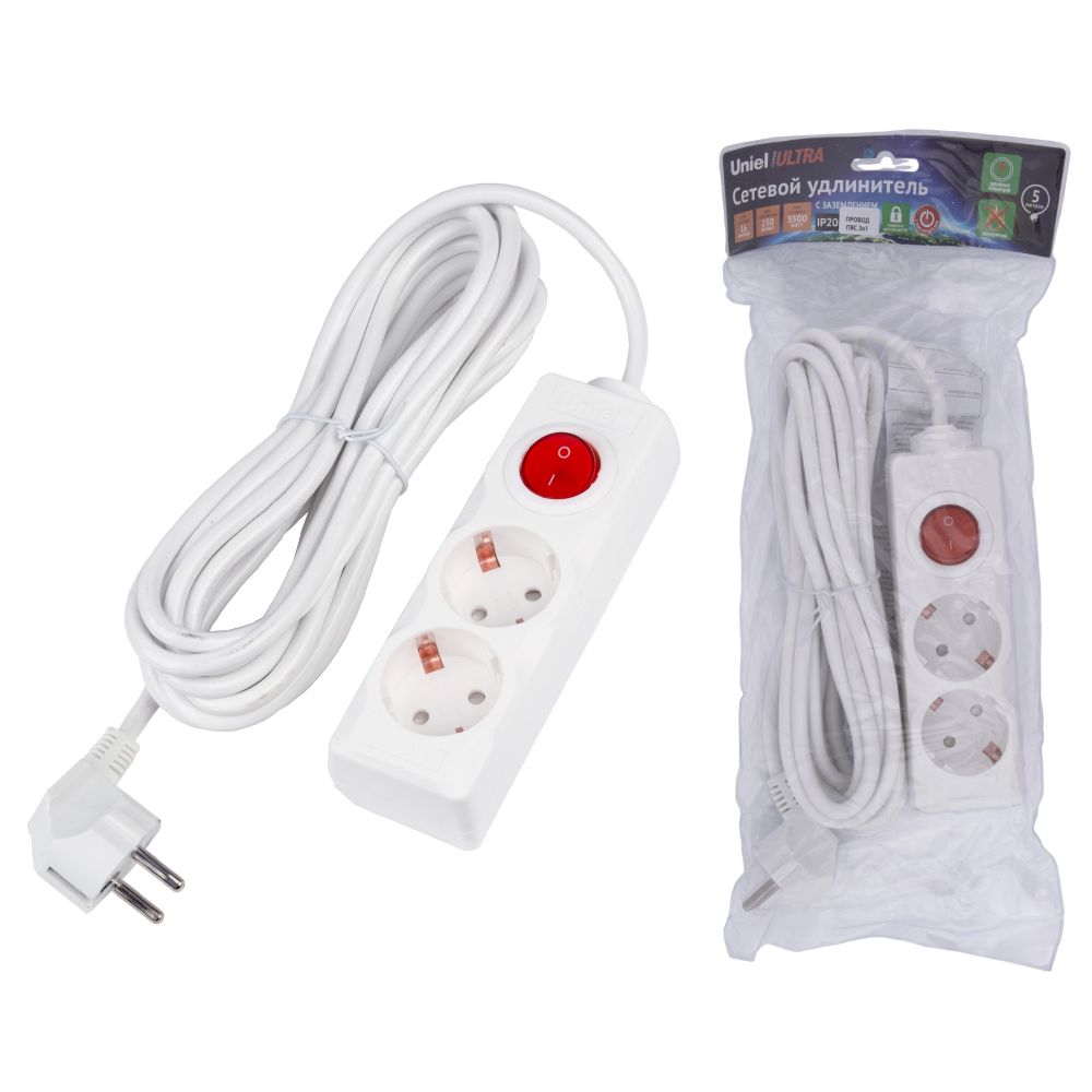 S-GCU2-5B WHITE Удлинитель серии Ultra. шнур 5м.. 2 гнезда. 16A. с-з. Белый. TM Uniel